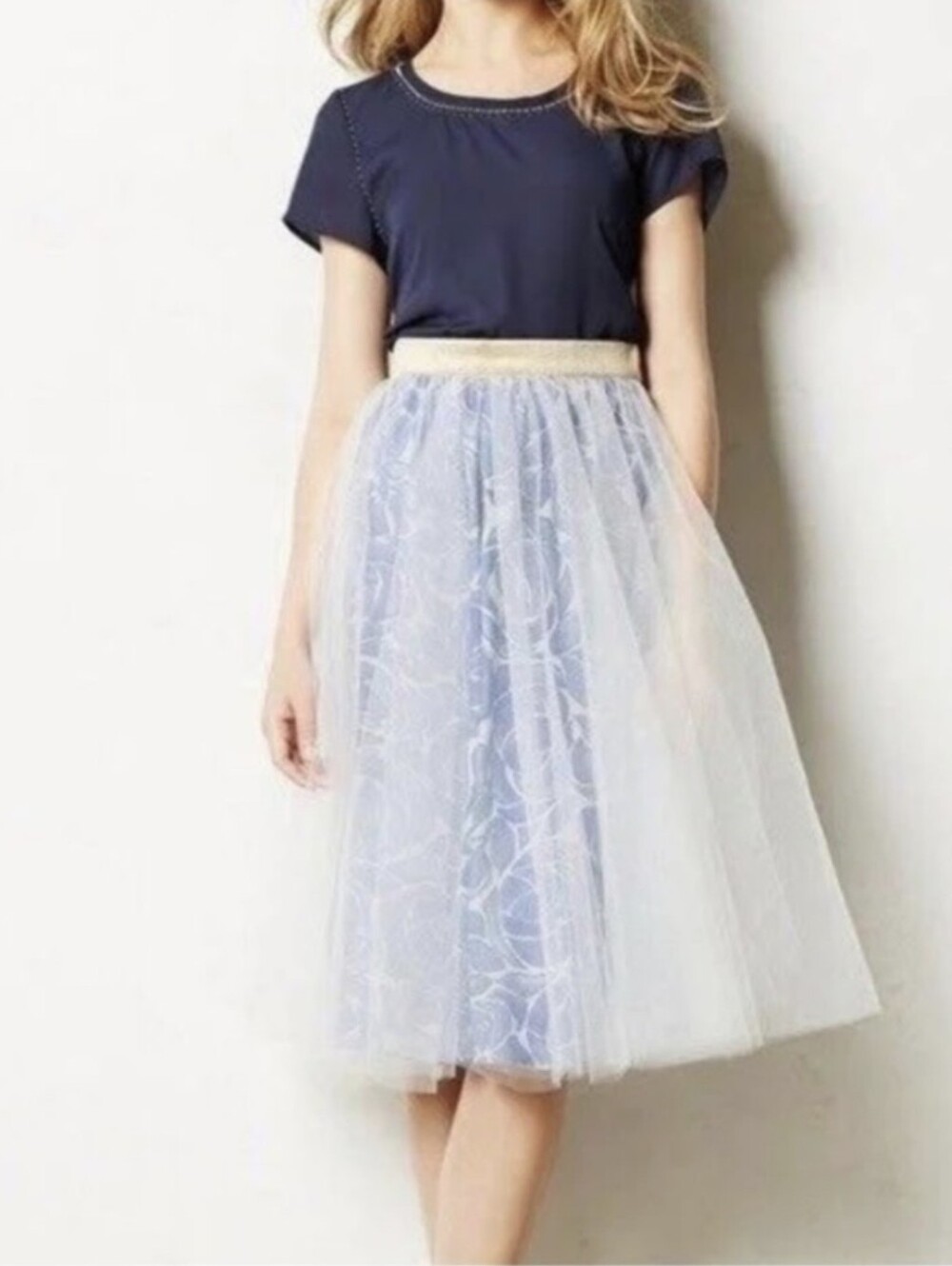 Anthropologie Blue Floral Tulle Midi Skirt with Gold Waistband Size 4